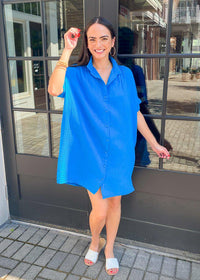 Stark X Button Front Shirtdress-Azure-Hand In Pocket