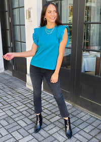 Redmond Knit Ruffle Top - Teal-Hand In Pocket