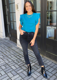 Redmond Knit Ruffle Top - Teal-Hand In Pocket