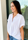 Stateside Poplin Rolled Sleeve Button Up Top-White-Hand In Pocket