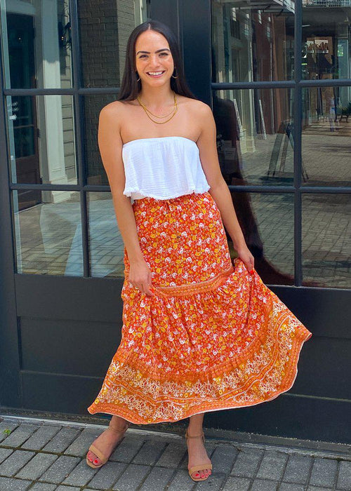 Giverny Tiered Midi Skirt-Orange-Hand In Pocket