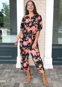 Celosia Floral Utility Print Puff Sleeve Jumpsuit ***FINAL SALE***-Hand In Pocket