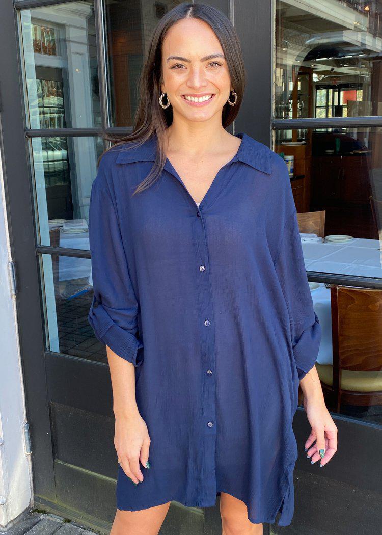 Elan Leeward Oversized Button Down Tunic - Navy***FINAL SALE***-Hand In Pocket