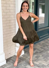 Miramar Babydoll Tiered Dress - Olive-Hand In Pocket