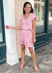 Cosmoledo Short Sleeve Mini Dress with Tiered Skirt - Light Pink-Hand In Pocket