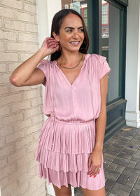 Cosmoledo Short Sleeve Mini Dress with Tiered Skirt - Light Pink-Hand In Pocket