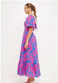 Serena Puff Sleeve A Line Dress-Fuchsia-Hand In Pocket