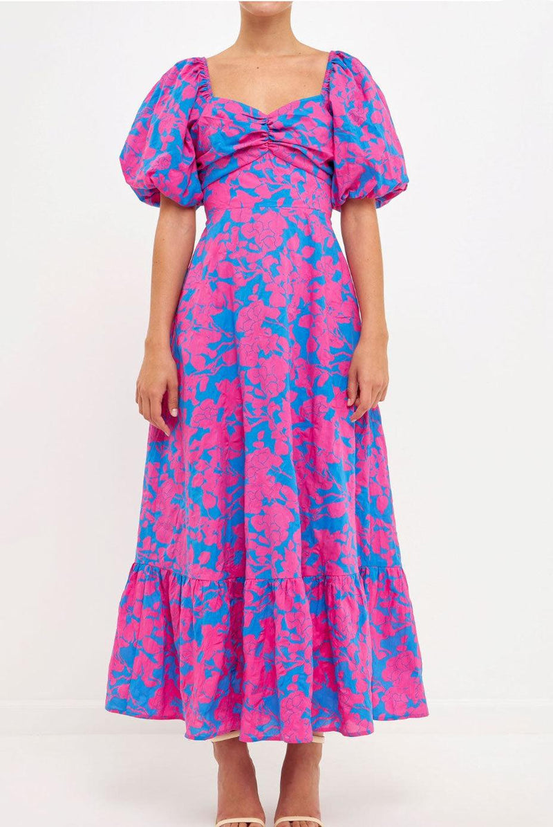 Serena Puff Sleeve A Line Dress-Fuchsia-Hand In Pocket