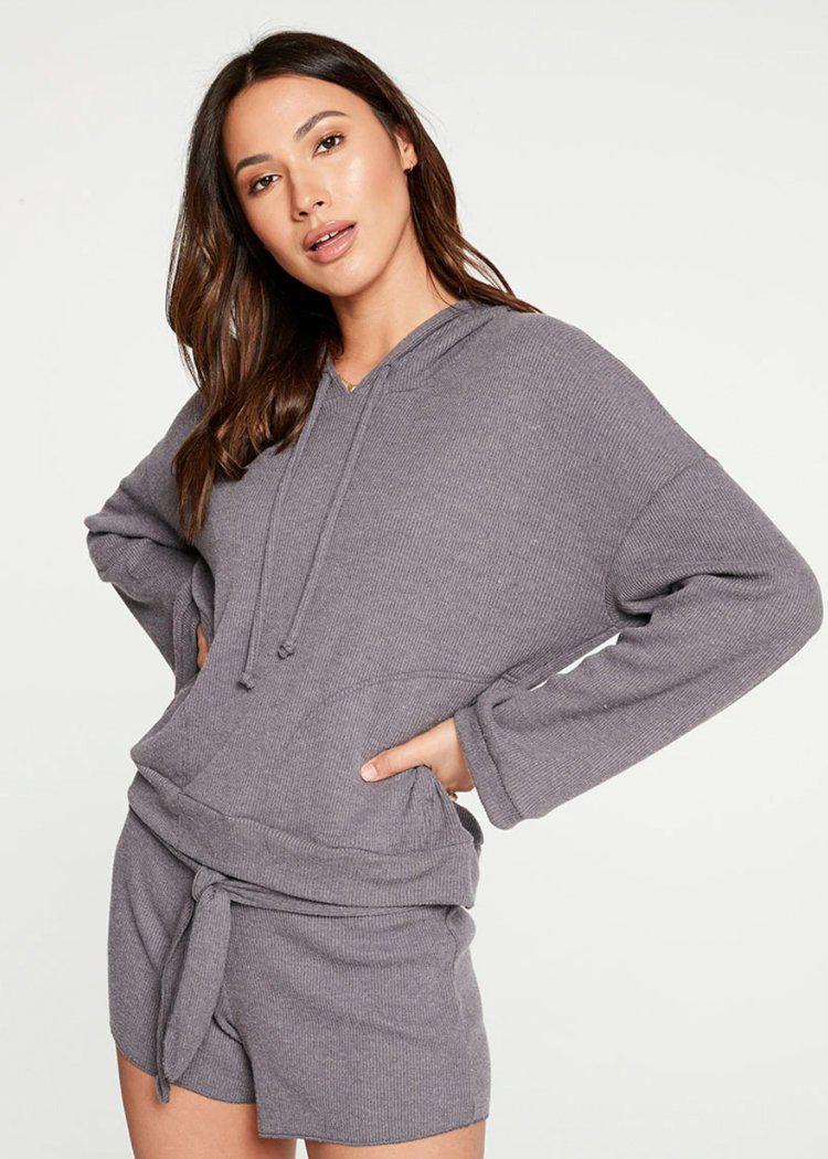 Chaser Love Rib Long Sleeve Cropped Pullover Hoodie-Hand In Pocket