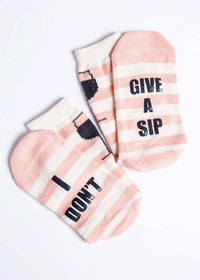 PJ Salvage Mid Calf "l Don't Give A Sip" Stripe Socks - Blush/Cream-Hand In Pocket