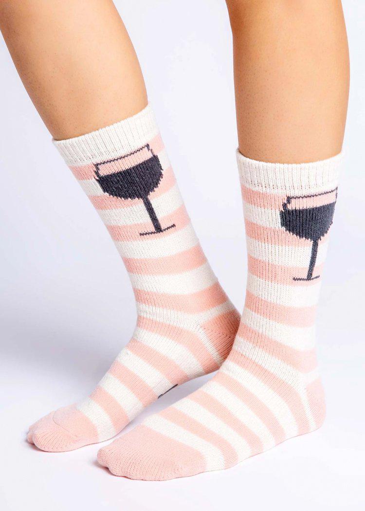 PJ Salvage Mid Calf "l Don't Give A Sip" Stripe Socks - Blush/Cream-Hand In Pocket