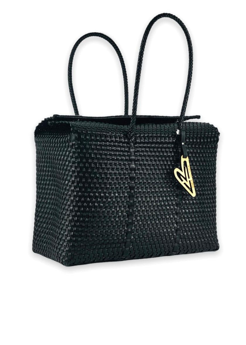 Maria Victoria Medium Handwoven Basket Tote- True Black-Hand In Pocket