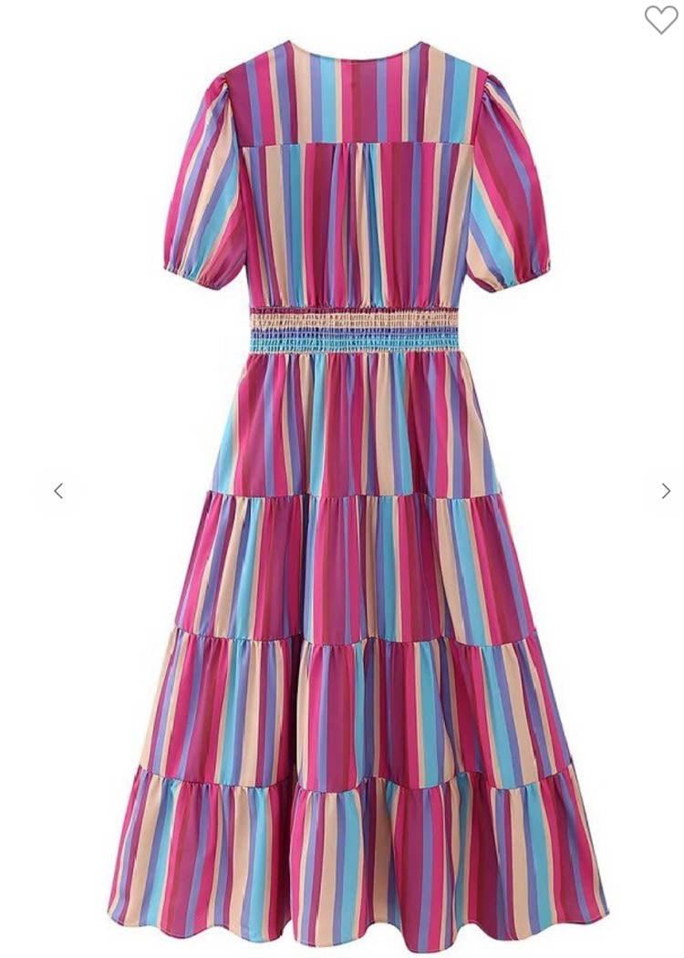 Colette Striped Short Sleeve Tiered Ruffle Dress-Hand In Pocket