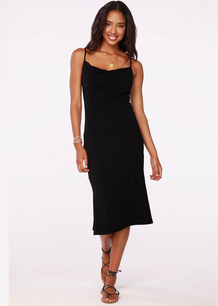 Bobi Cowl Neck Spaghetti Strap Midi Dress - Black-Hand In Pocket