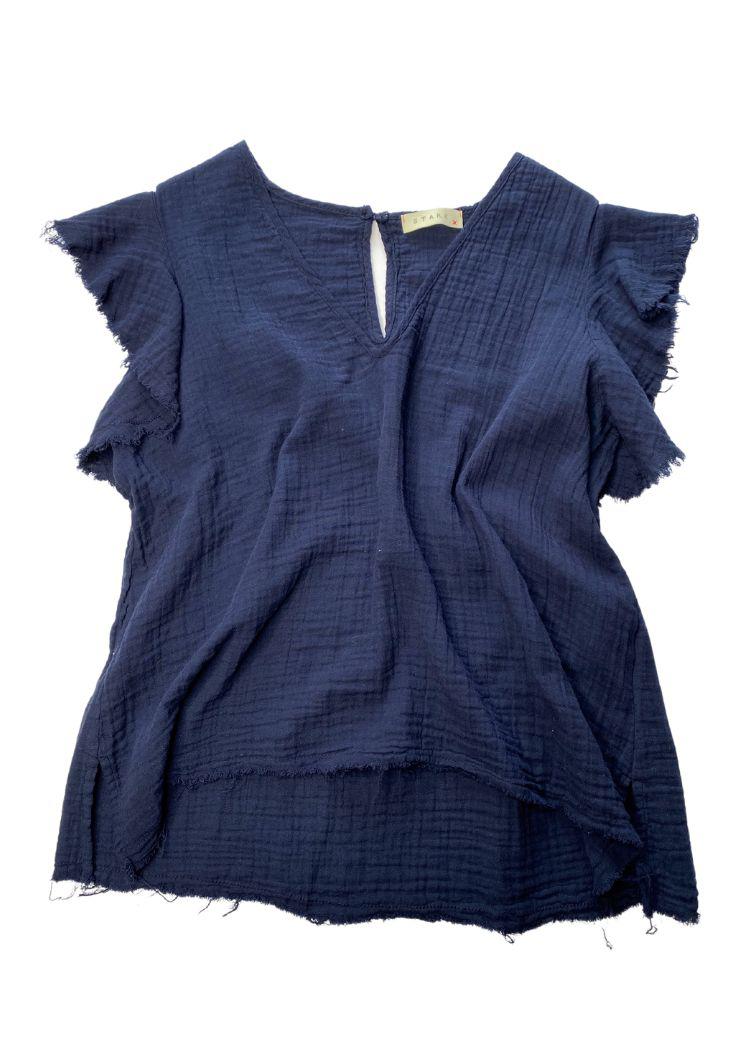 Stark X V Neck Ruffle Sleeve Gauzy Blouse - Navy-Hand In Pocket