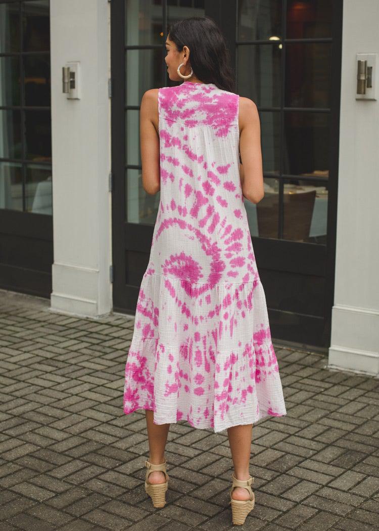 Stark X Cotton Layered Tiered Dress - Fuschia Tie Dye-***FINAL SALE***-Hand In Pocket