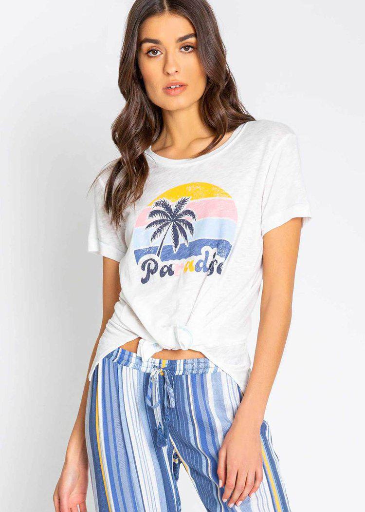 PJ Salvage Paradise Beach Blues Short Sleeve Tee- Ivory-Hand In Pocket