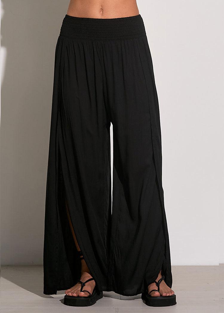 Elan Stella Smocked Waist Side Leg Beach Pant-Black-Hand In Pocket