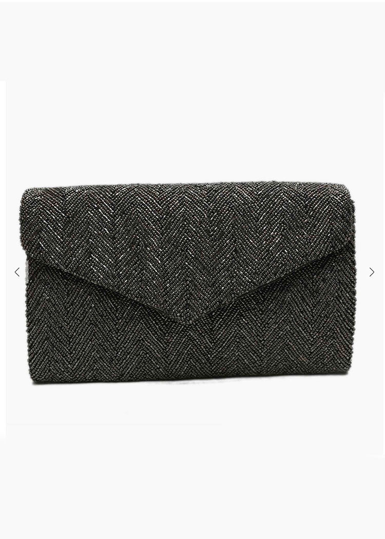 Tiana Designs Tonal Herringbone Beaded Clutch- Pewter-Hand In Pocket