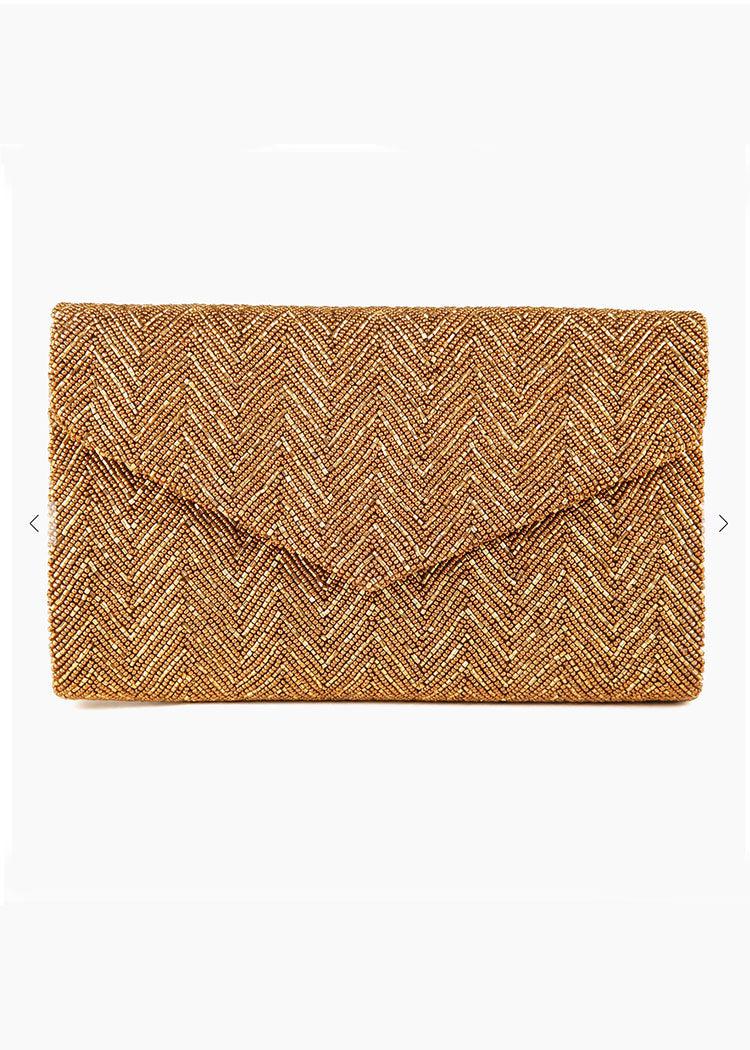 Tiana Designs Tonal Herringbone Beaded Clutch- Gold-Hand In Pocket