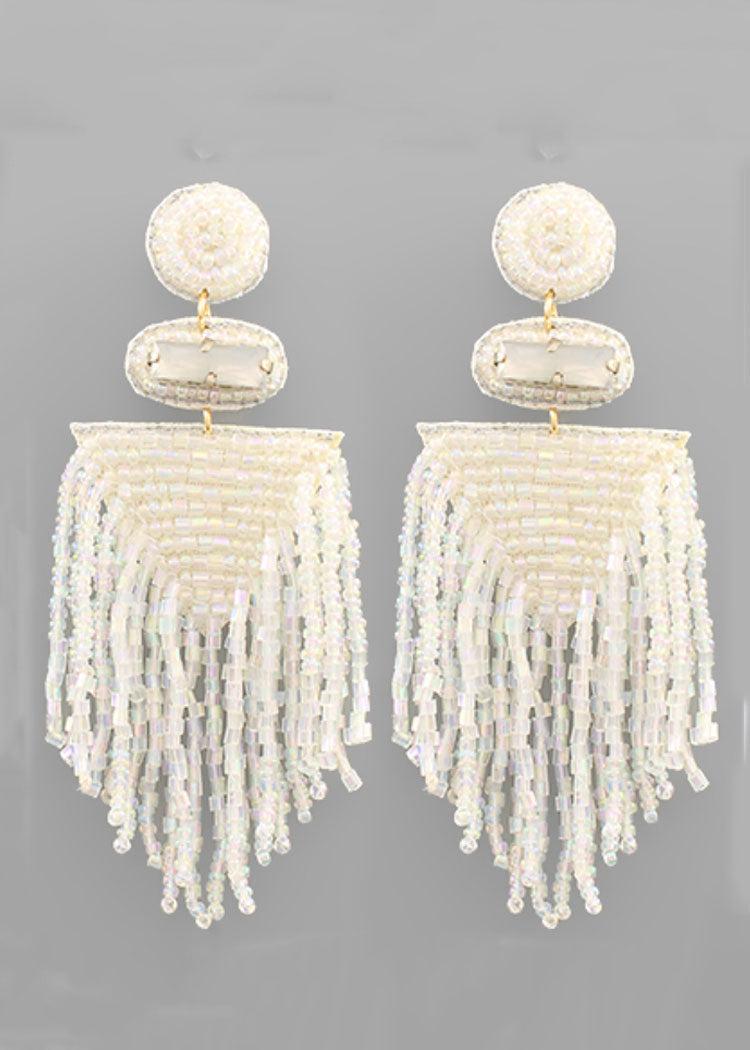 Julia Tassel Earrings- White-Hand In Pocket